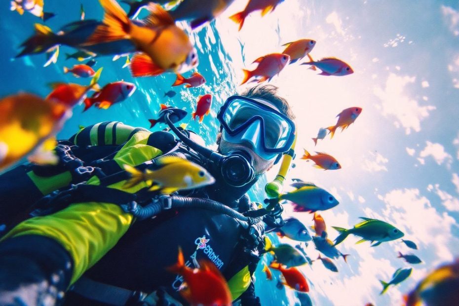 Plongeur avec masque entouré de poissons tropicaux multicolores