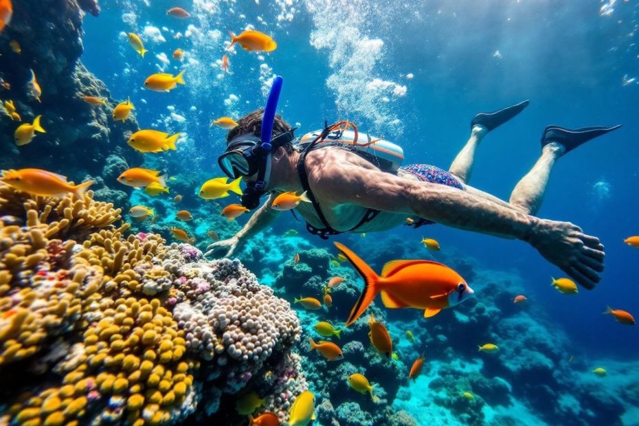 Plongeur explorant un vibrant récif corallien avec des poissons colorés
