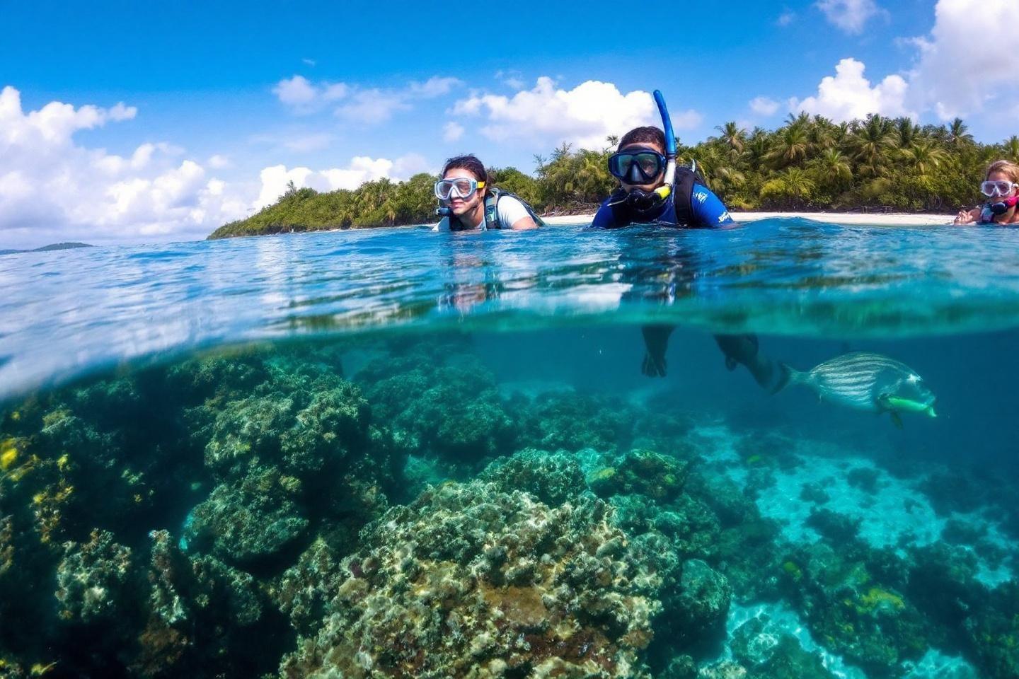 Plongeurs avec masques explorant un récif corallien luxuriant