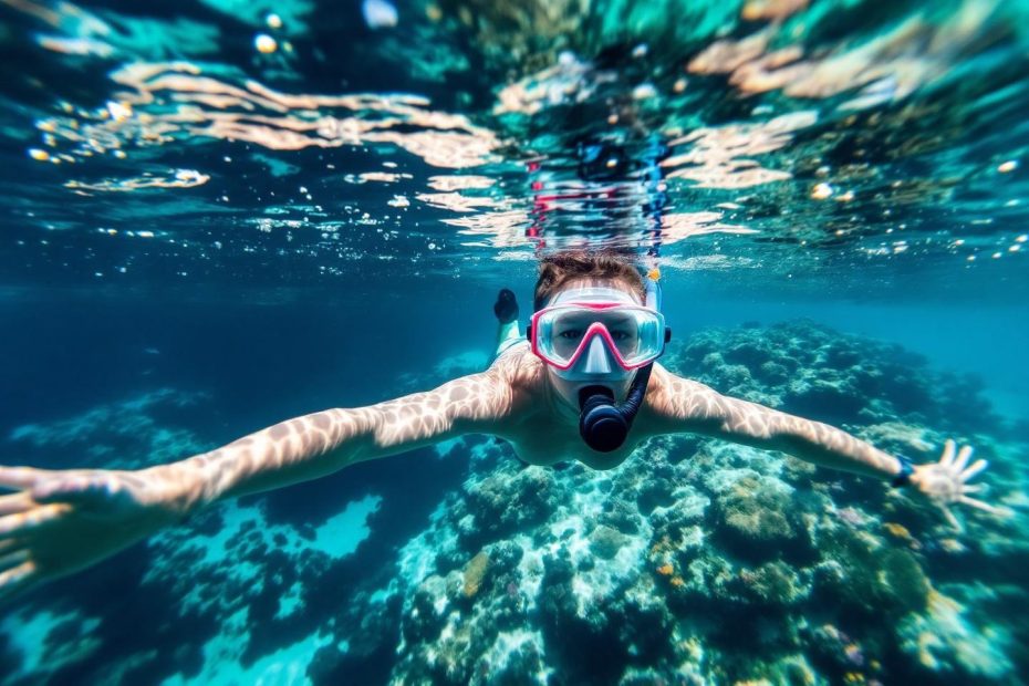 Plongeur avec masque explorant un fond marin corallien bleu-vert