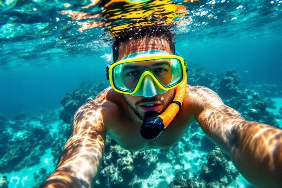 Nageur avec masque et tuba sous l'eau, récif corallien en arrière-plan