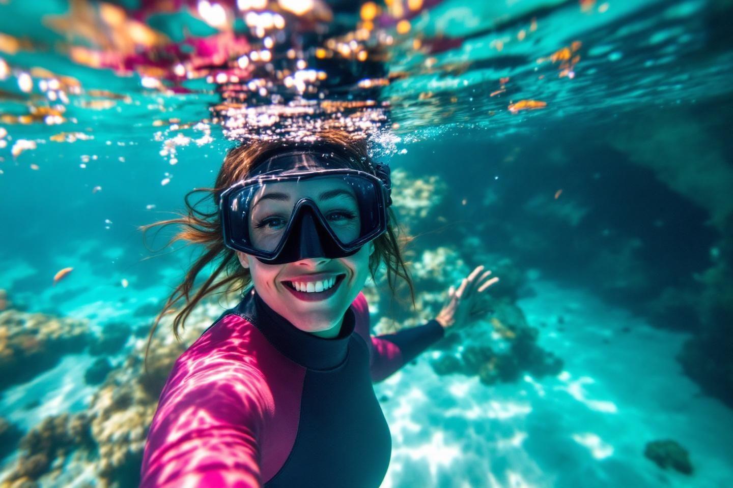 Plongeuse souriante dans un récif corallien turquoise