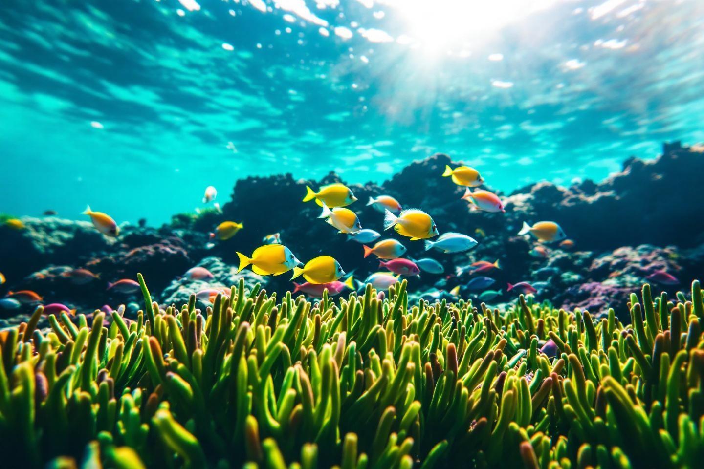 Banc de poissons jaunes près d'un récif corallien verdoyant