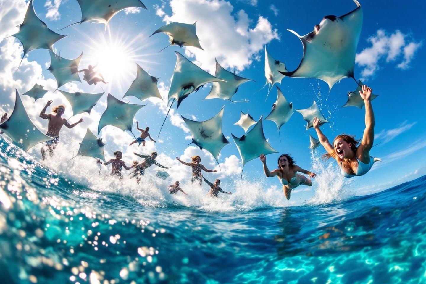 Groupe de raies volant au-dessus de personnes dans l'eau