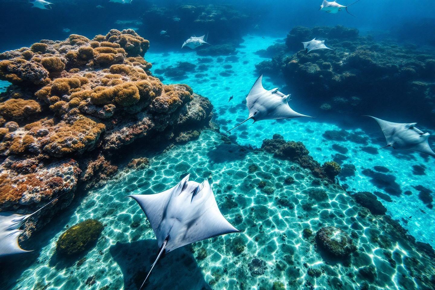 Plusieurs raies blanches nageant autour de rochers coralliens bleus