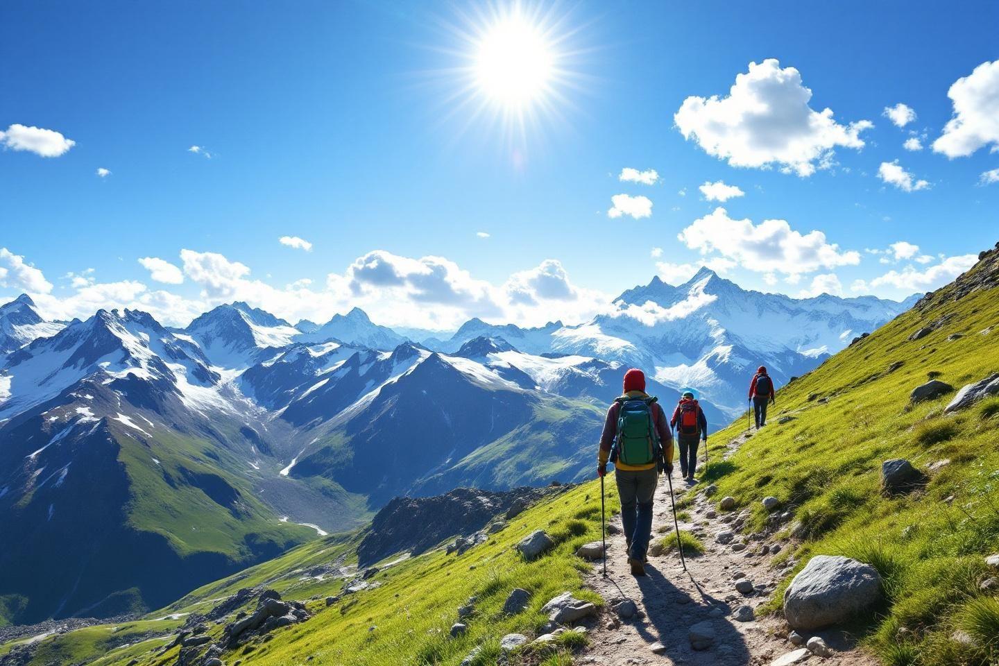 Trois randonneurs sur un sentier de montagne avec sommets enneigés