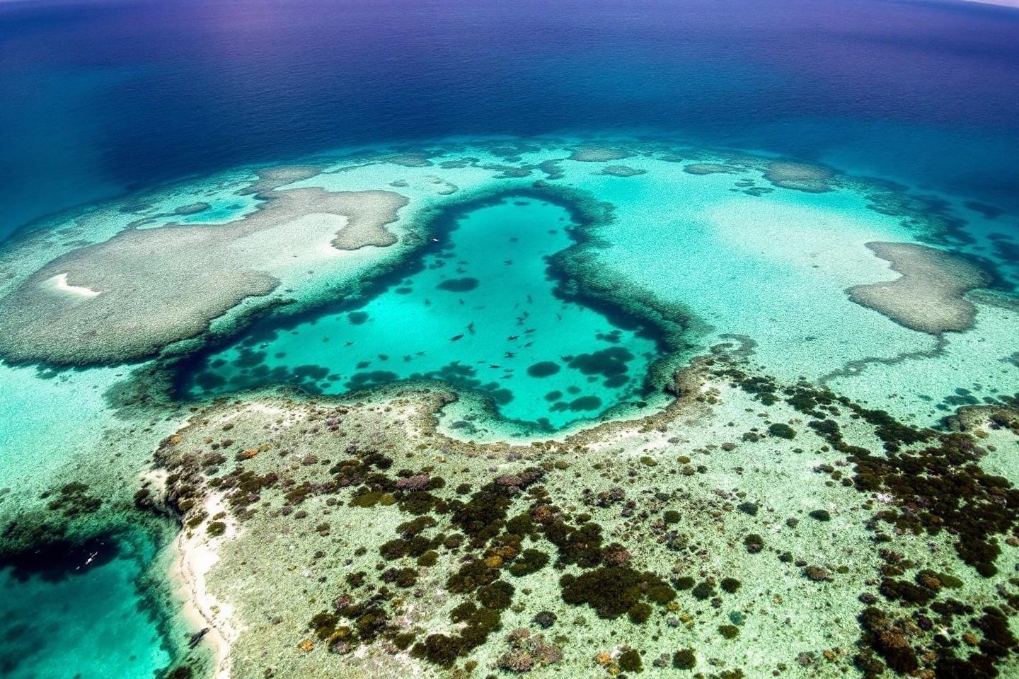 Vue aérienne d'un lagon bleu-vert avec récifs coralliens