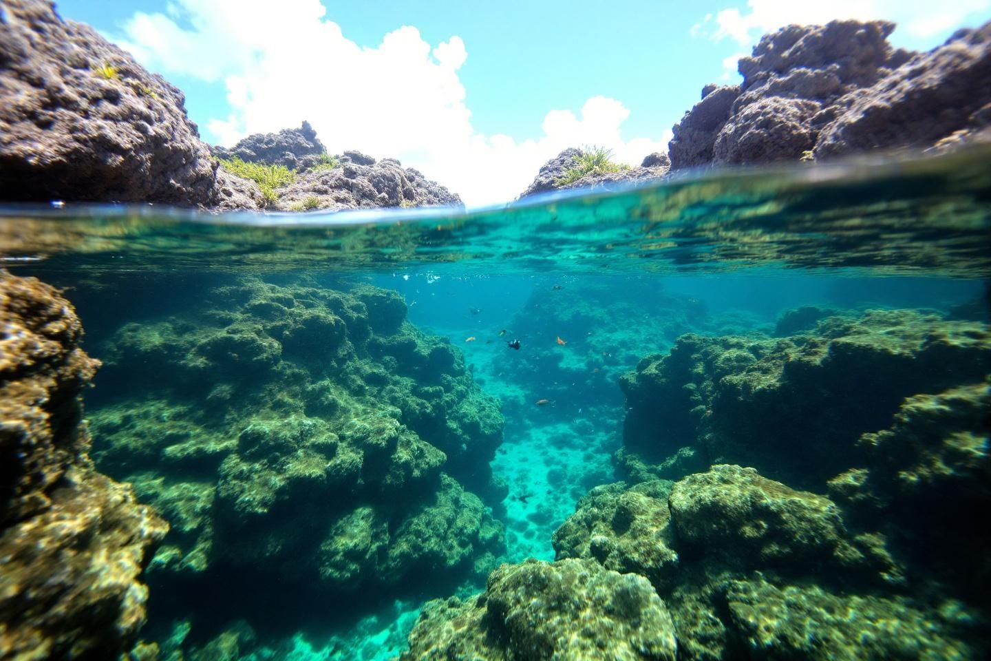 Vue sous-marine et aérienne d'un récif corallien cristallin