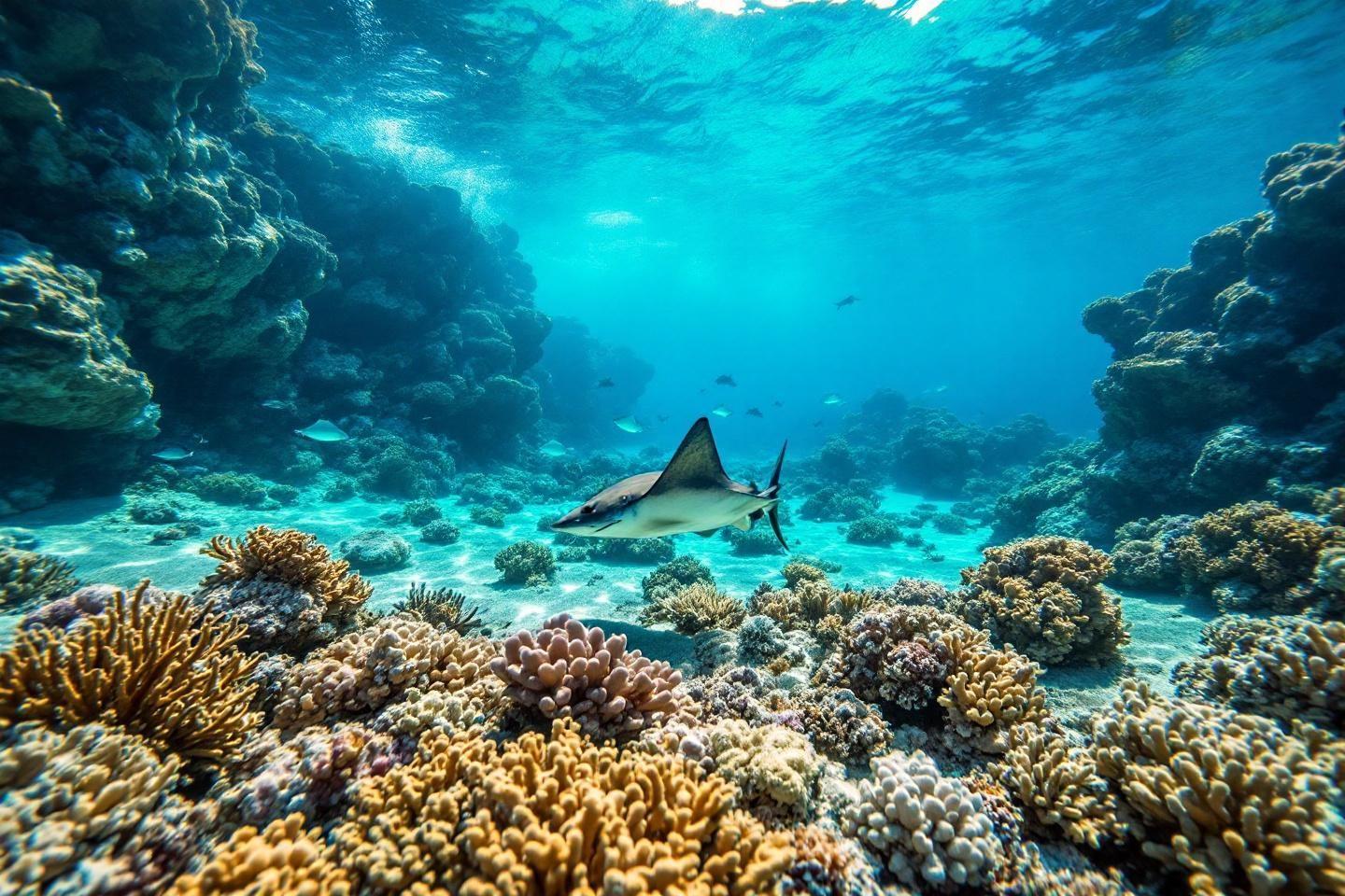 Requin nageant près de coraux colorés dans les eaux turquoises