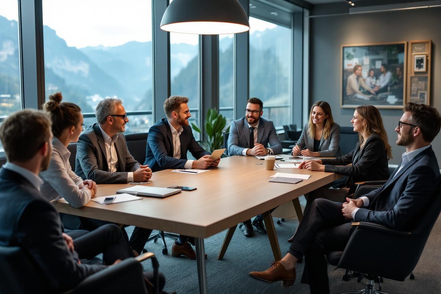 Équipe professionnelle en réunion dans un bureau lumineux