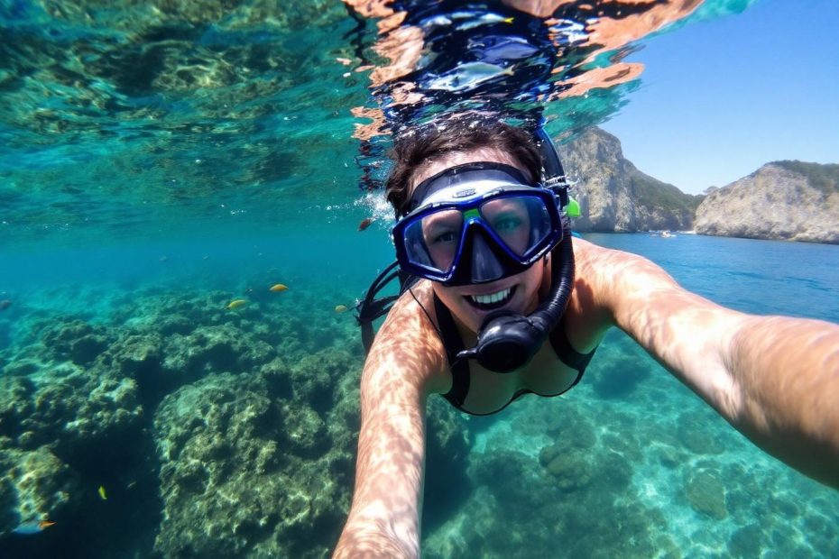 Plongeur souriant avec masque dans une eau turquoise cristalline