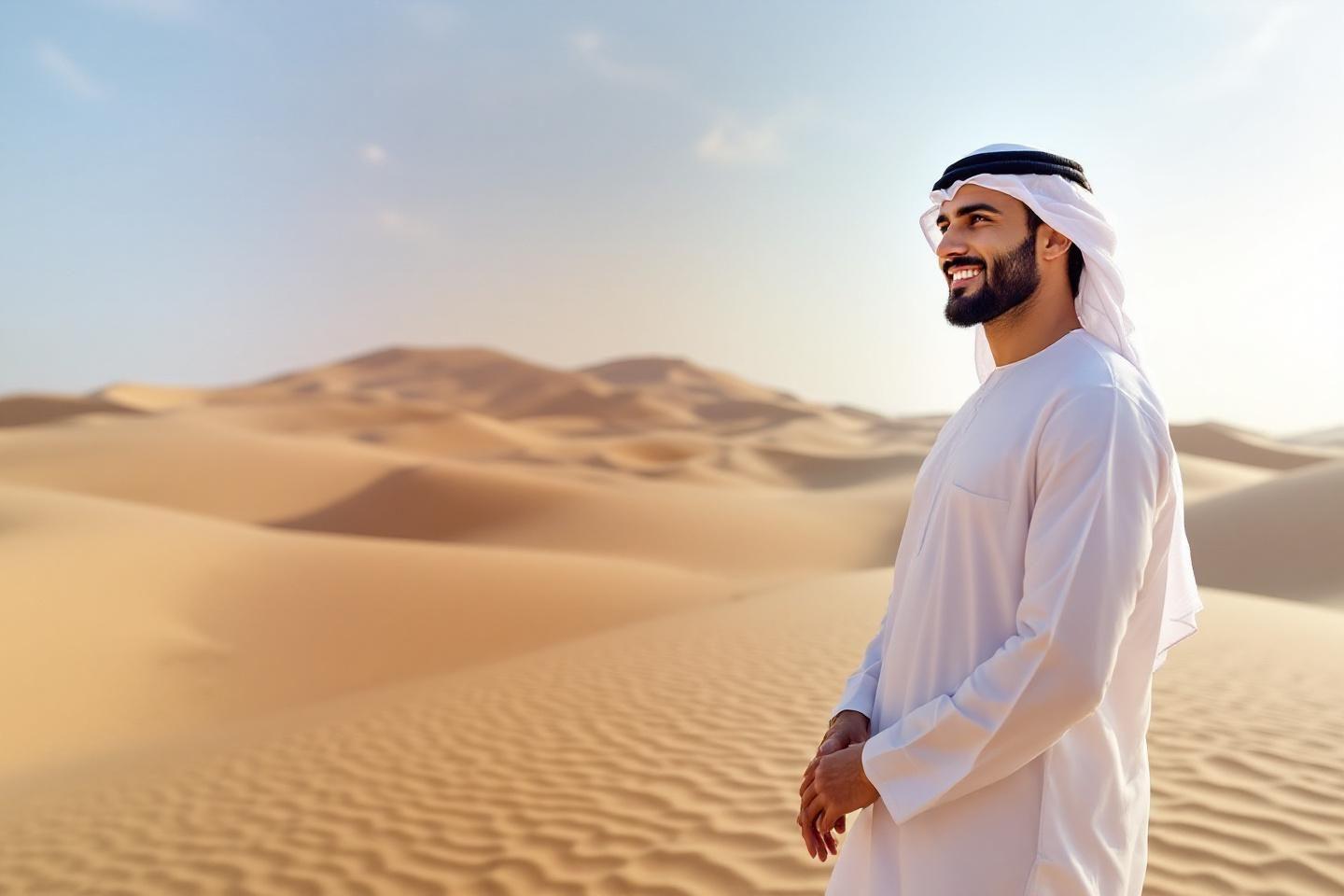 Un homme dans un habit traditionnel blanc contemplant un désert ondulé