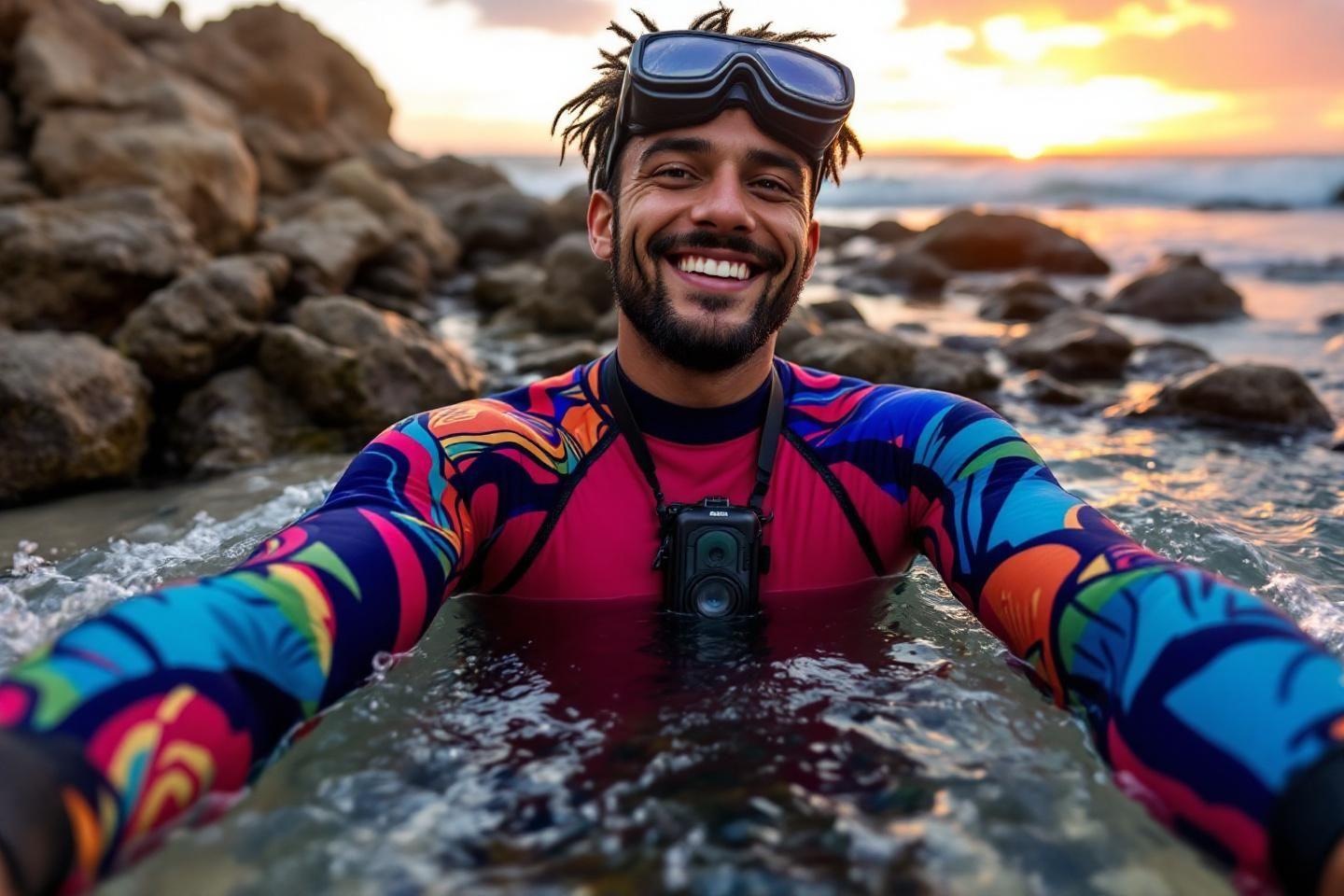 Surfeur joyeux portant une combinaison colorée sur des rochers côtiers