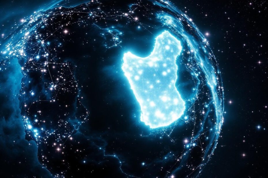 Globe terrestre lumineux avec réseau numérique en bleu et étoiles