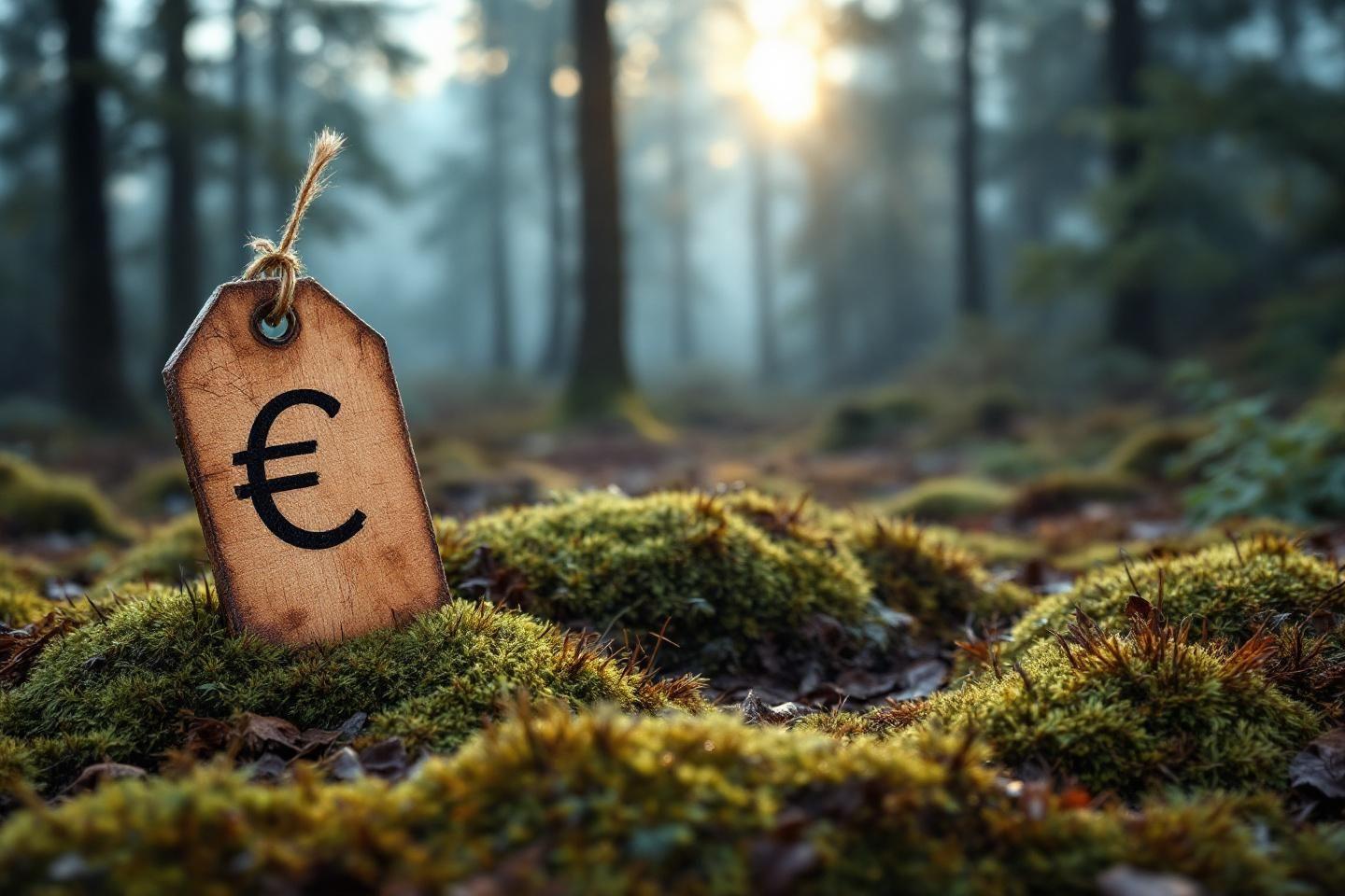 Étiquette Euro sur mousse en forêt brumeuse