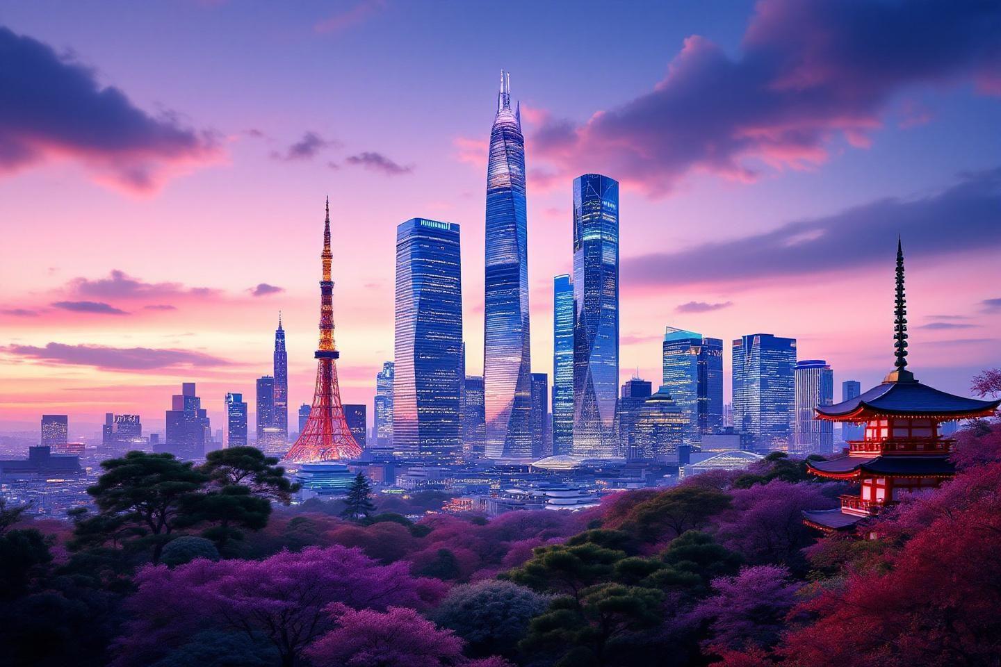 Gratte-ciels modernes et pagode traditionnelle au crépuscule coloré