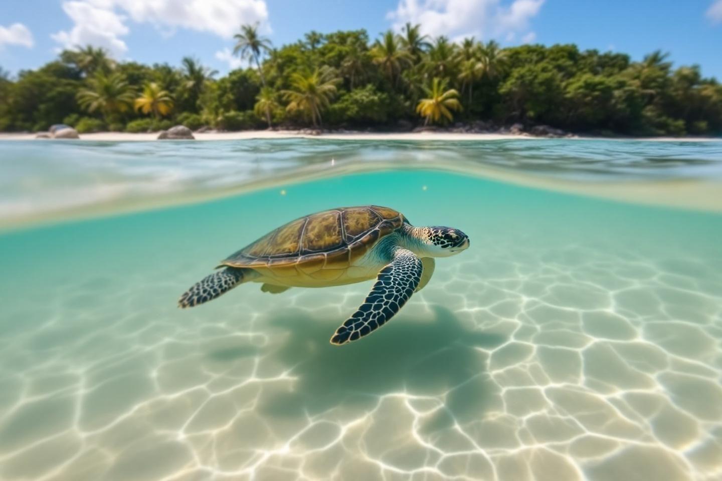 Tortue marine nageant dans un lagon cristallin près d'une plage