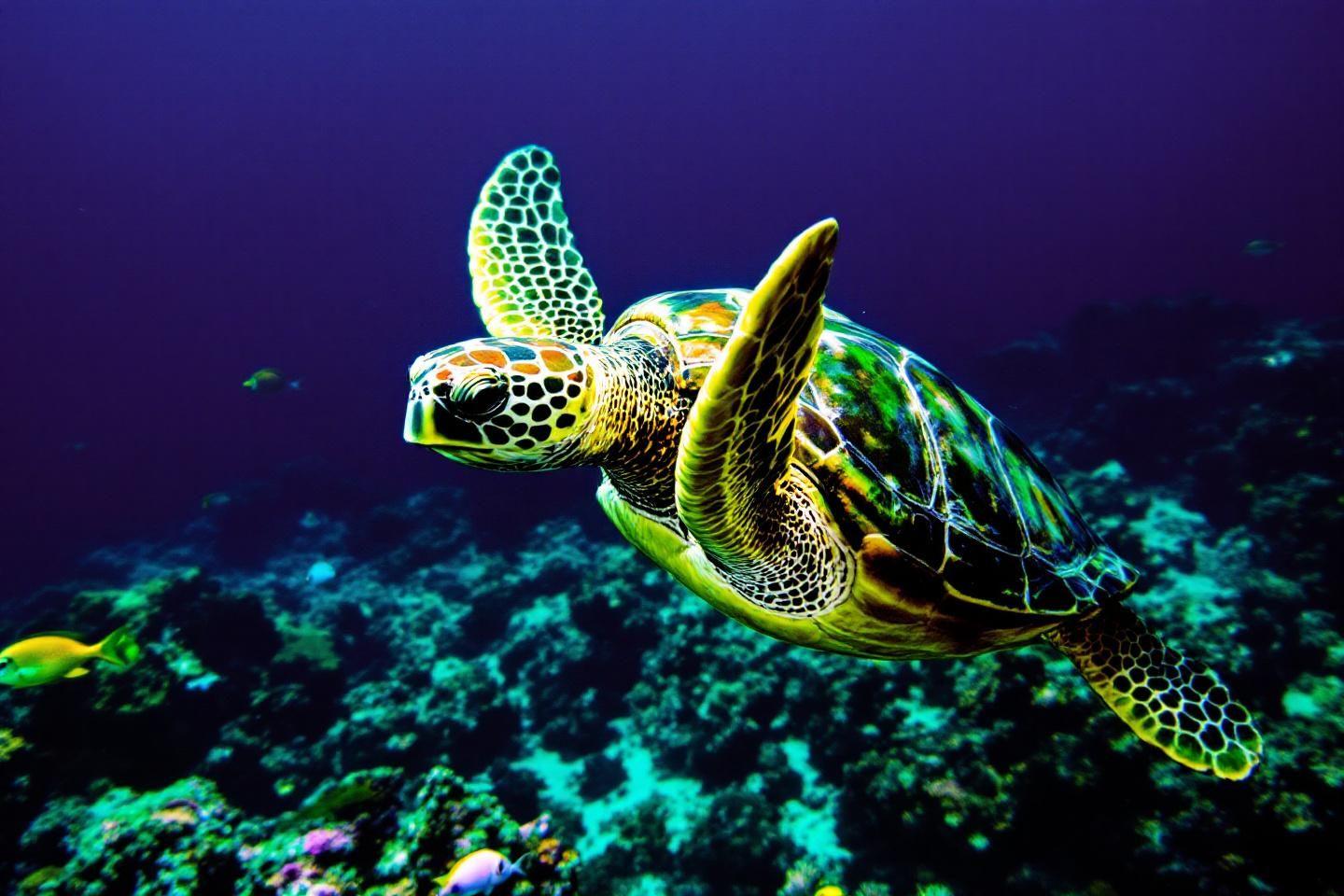Tortue verte émeraude nageant au milieu des coraux bleus