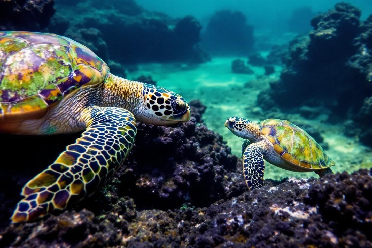 Deux tortues marines colorées nageant près d'un récif corallien