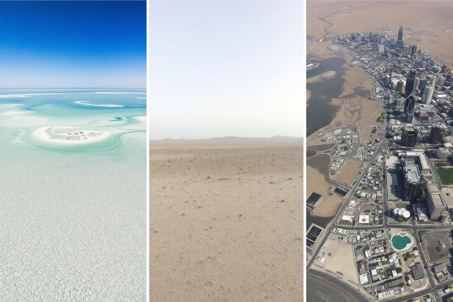 Trois vues aériennes montrant un paysage désertique et urbain
