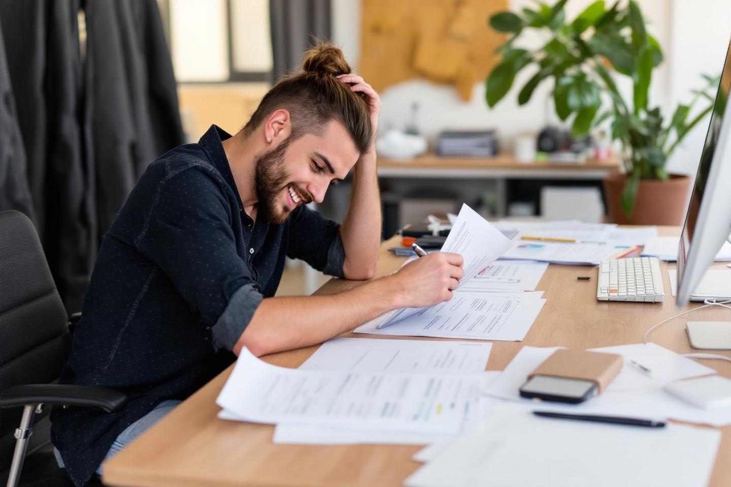 Homme concentré et fatigué travaillant sur des documents avec un ordinateur
