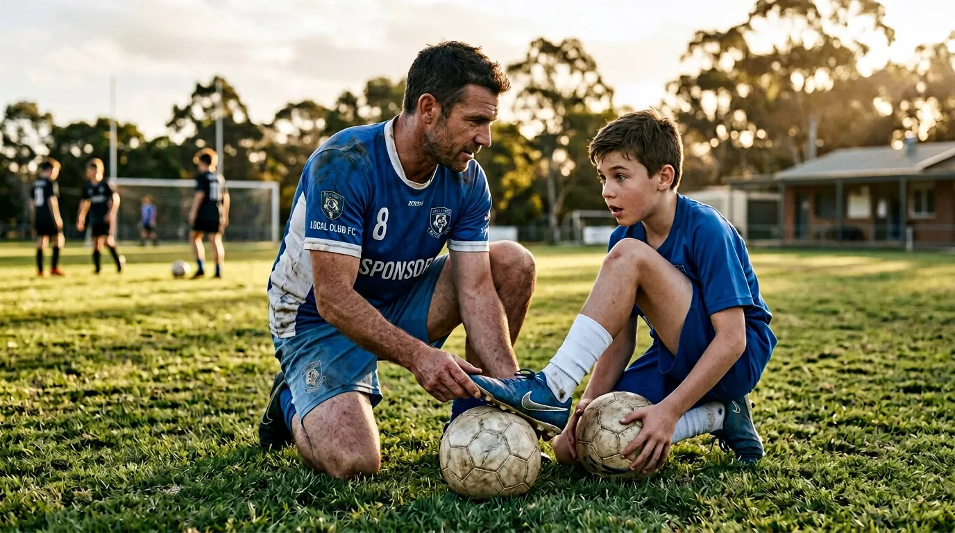 Adulte instruisant un enfant au football sur un terrain