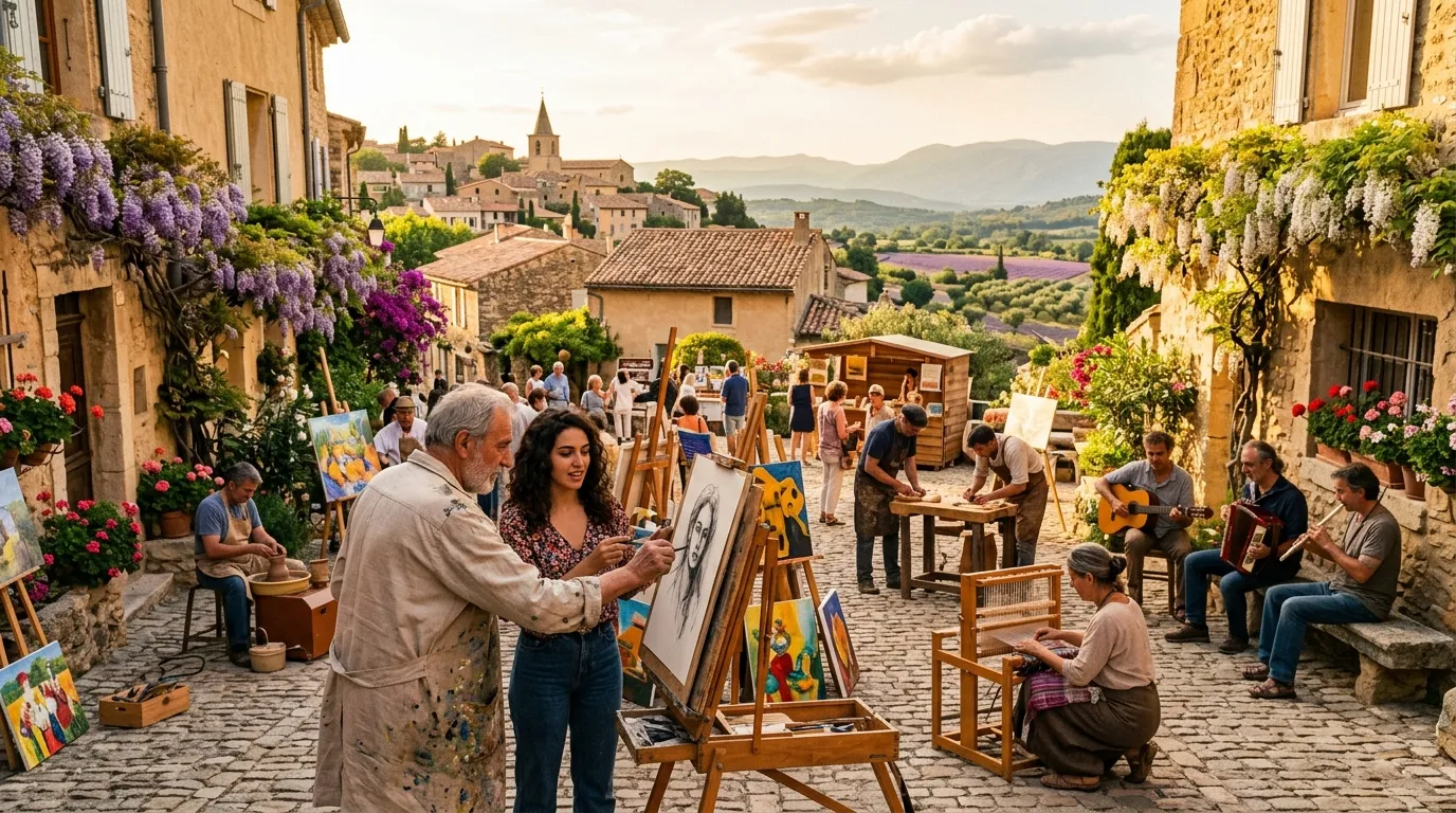 Artistes peignant dans une rue médiévale fleurie toscane