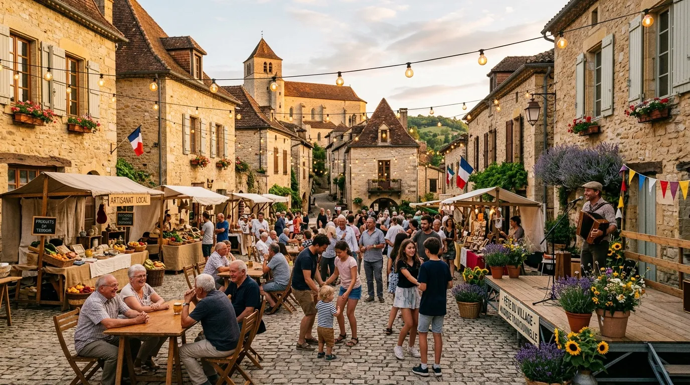 Marché artisanal dans village médiéval avec église, foule festive