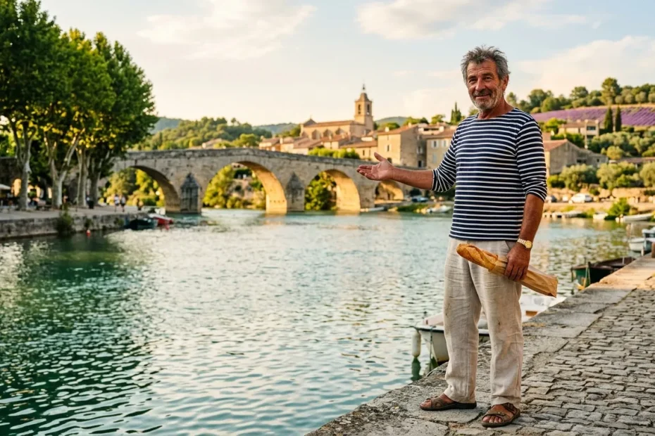 Homme souriant tenant baguette devant pont médiéval
