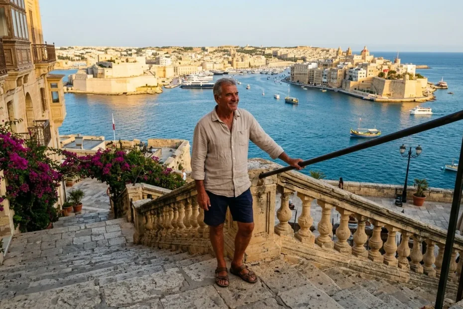 Homme souriant sur terrasse dominant la baie de Valette