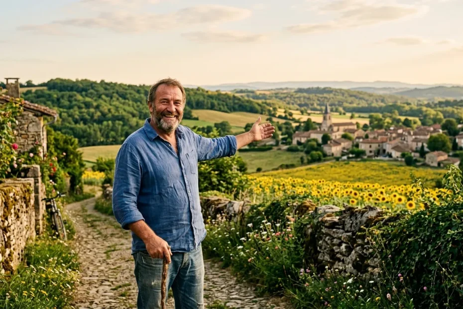 Homme en chemise bleue dans un paysage rural vallonné.