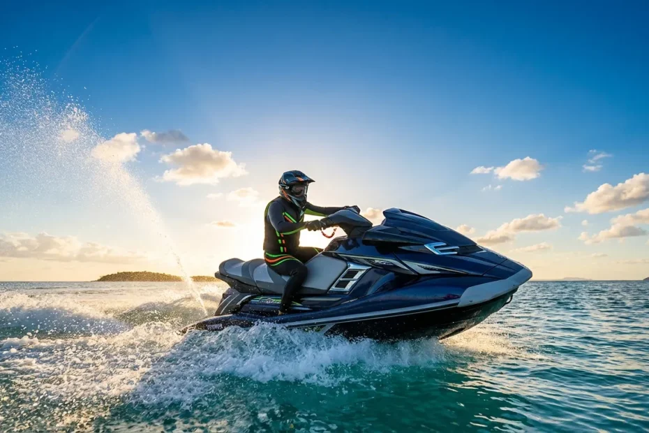 Conducteur de jet ski noir naviguant dans les vagues marines