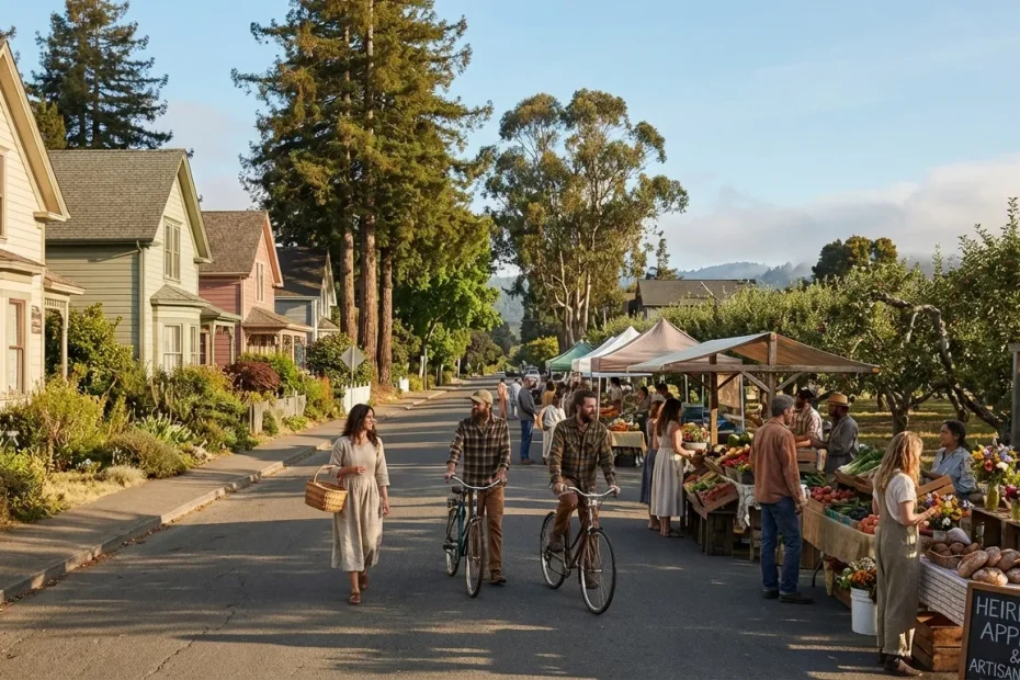 Village avec marché fermier, maisons historiques et visiteurs à vélo