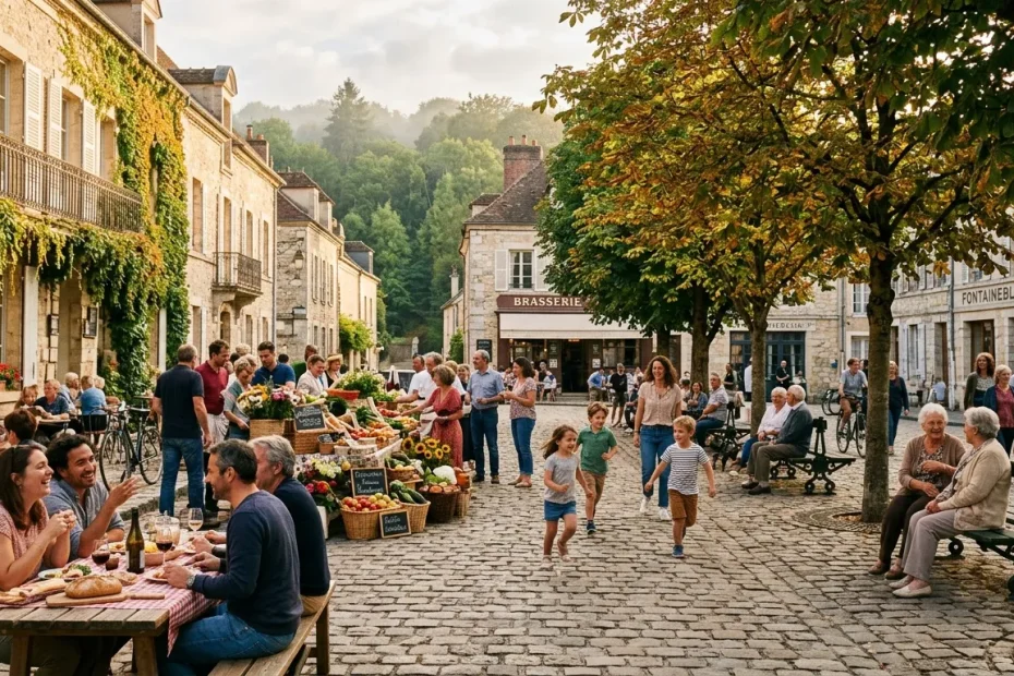 Marché de village français avec habitants, produits frais et brasserie