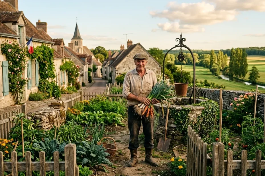 Agriculteur tenant des carottes dans jardin campagnard pittoresque