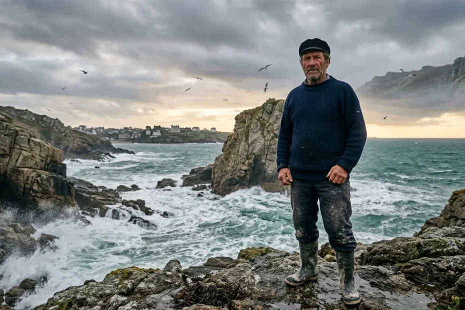Homme en bottes debout sur rochers face à la mer