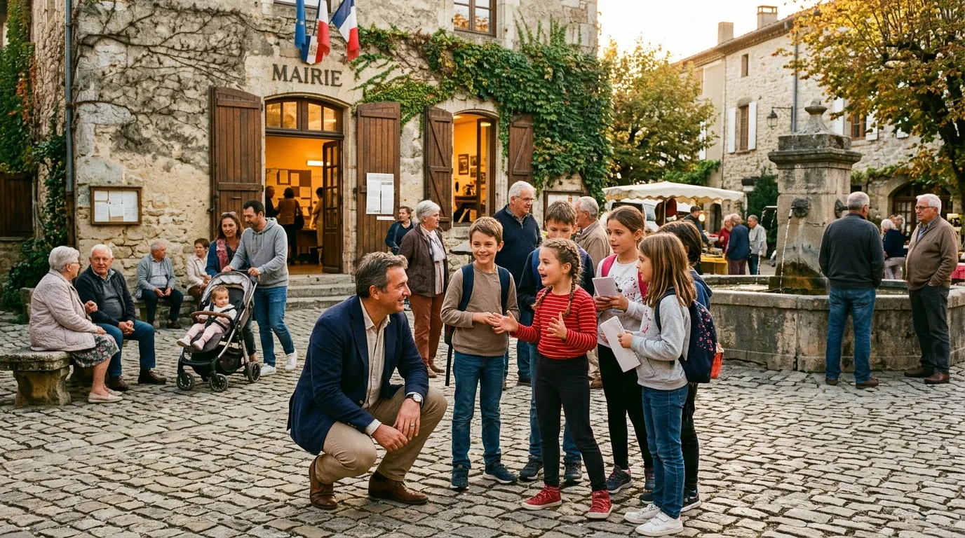 Un homme parle avec des enfants sur la place du village.