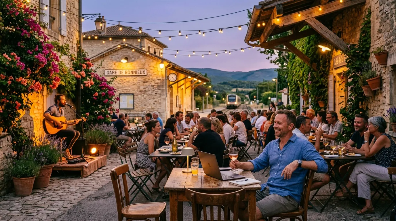 Rassemblement festif en terrasse avec musique live au crépuscule