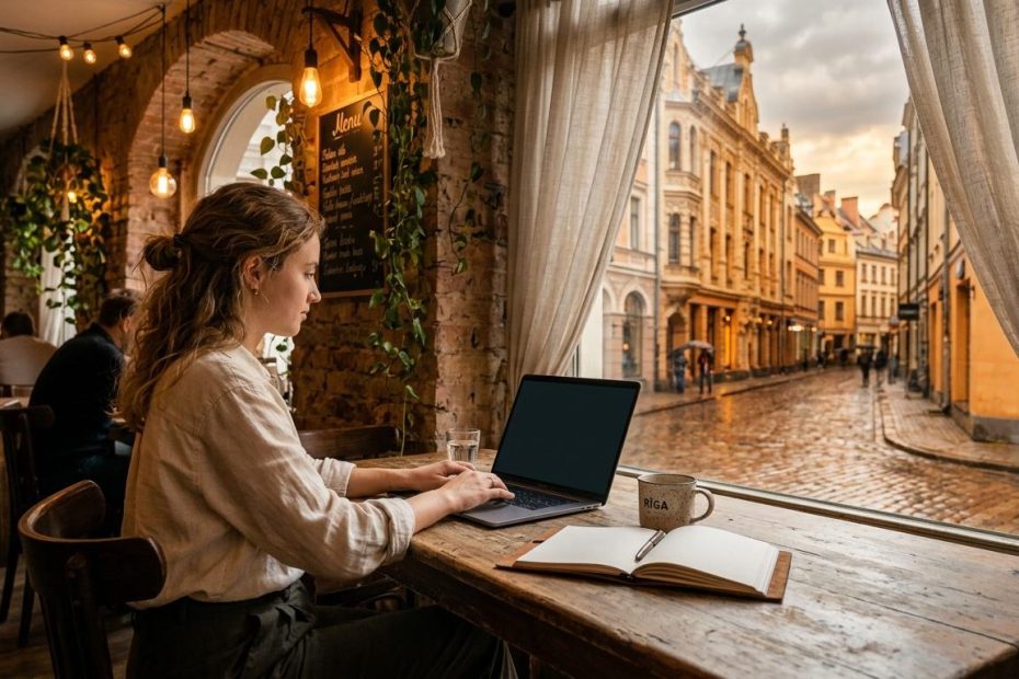 Femme travaillant sur laptop dans café historique européen