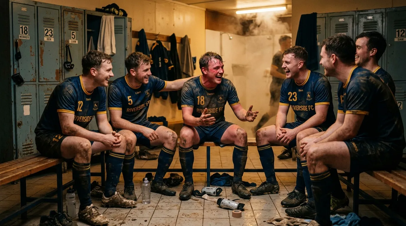 Joueurs de football riant ensemble dans le vestiaire après match
