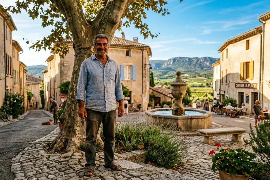 Homme souriant dans une place de village français provençal historique