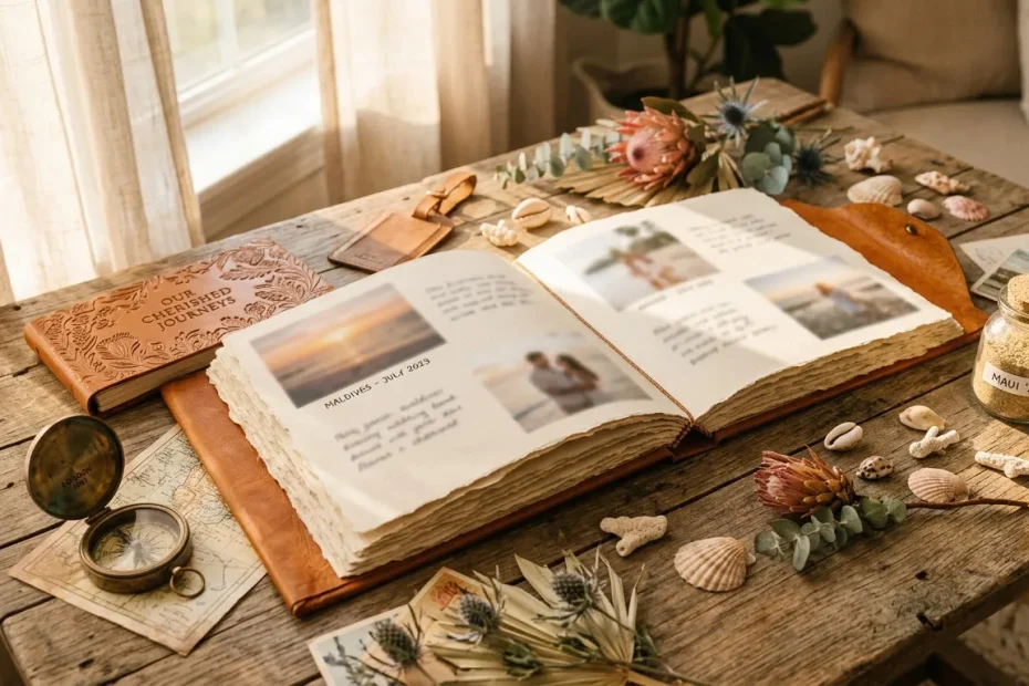 Album photo ouvert avec coquillages, boussole et fleurs séchées