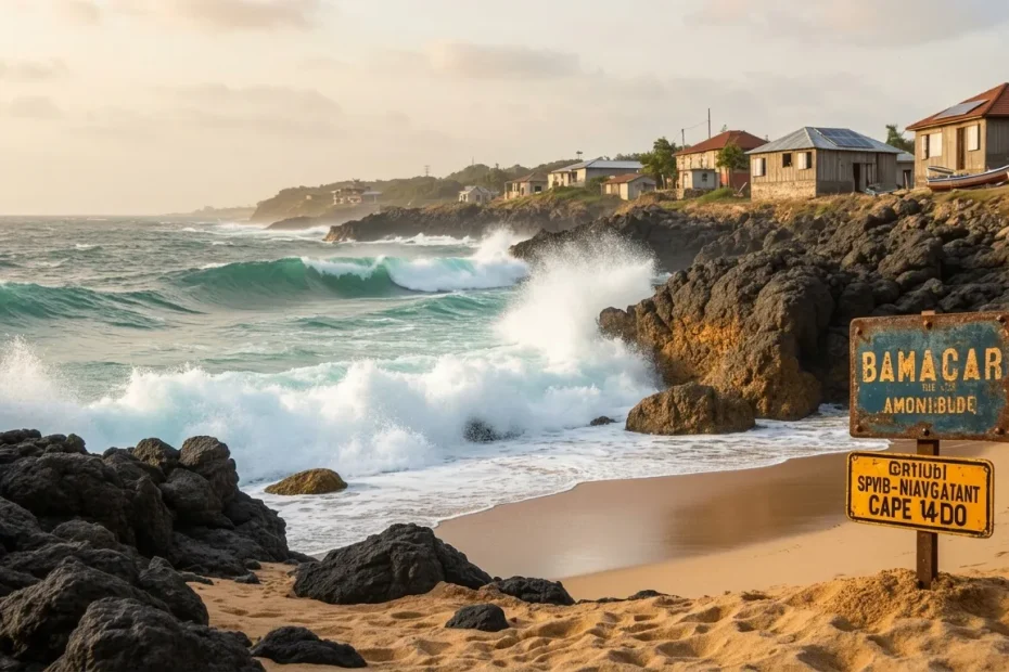 Plage rocheuse australienne avec vagues et habitations côtières