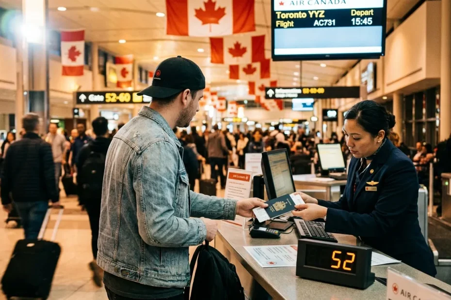 Passager présentant son passeport à l'agent Air Canada