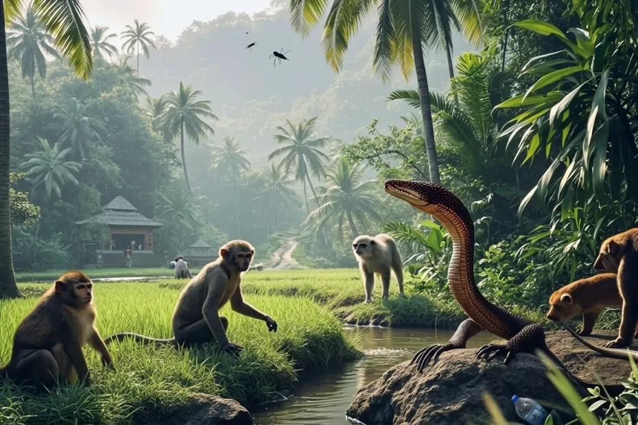 Singes et serpent dans jungle luxuriante avec palmiers