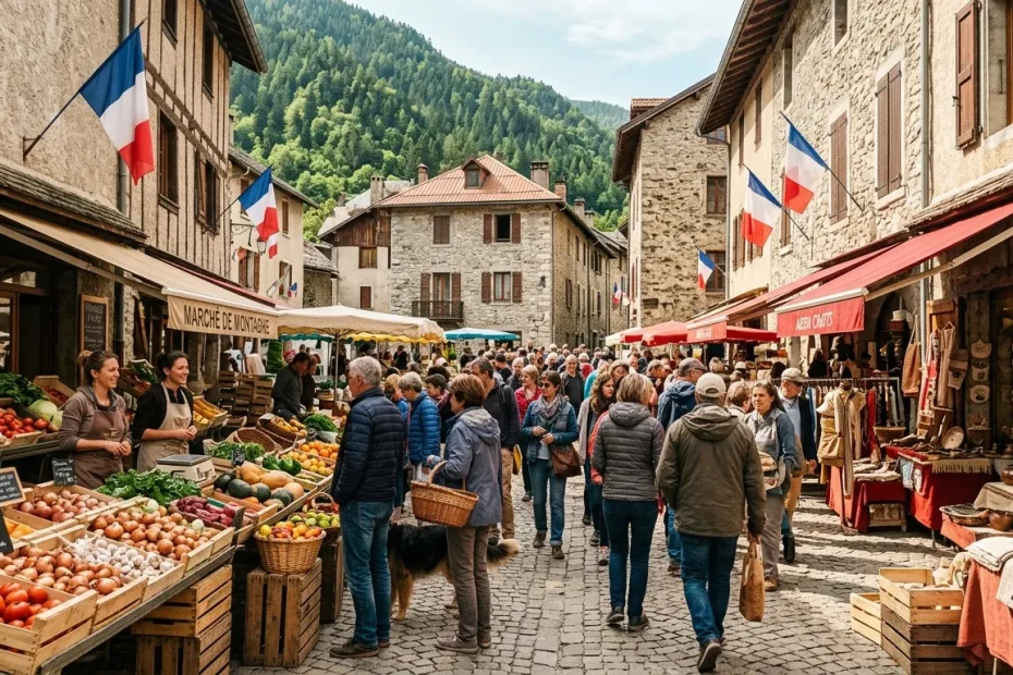 Foule au marché traditionnel village montagnard français