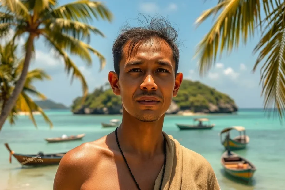 Homme asiatique devant plage tropicale avec bateaux