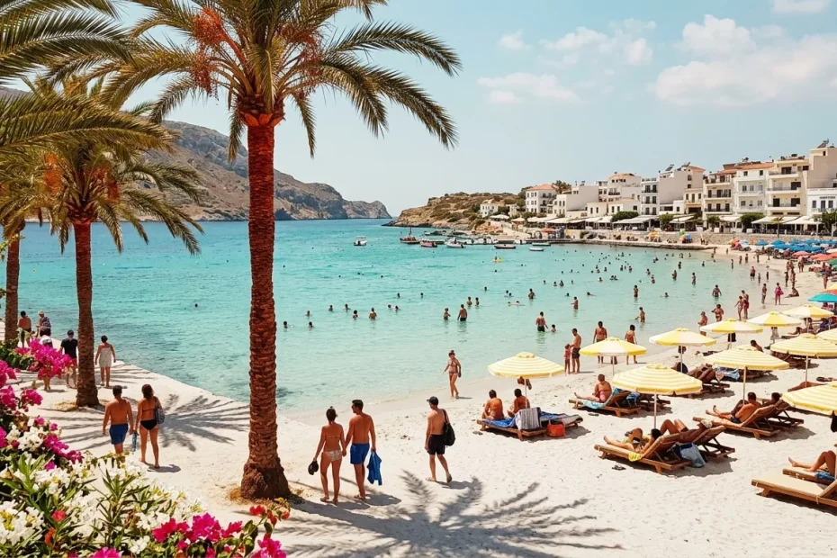 Plage turquoise avec palmiers, parasols jaunes et bâtiments côtiers