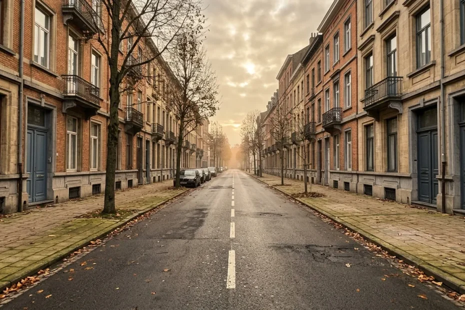 Rue européenne vide avec immeubles haussmanniens briques automne