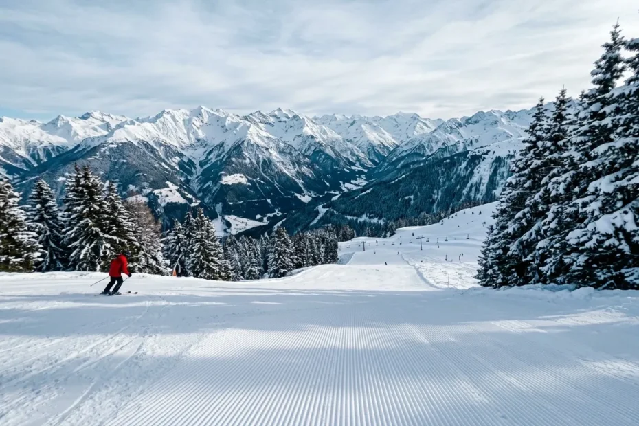 Skieur sur piste avec montagnes enneigées en arrière-plan
